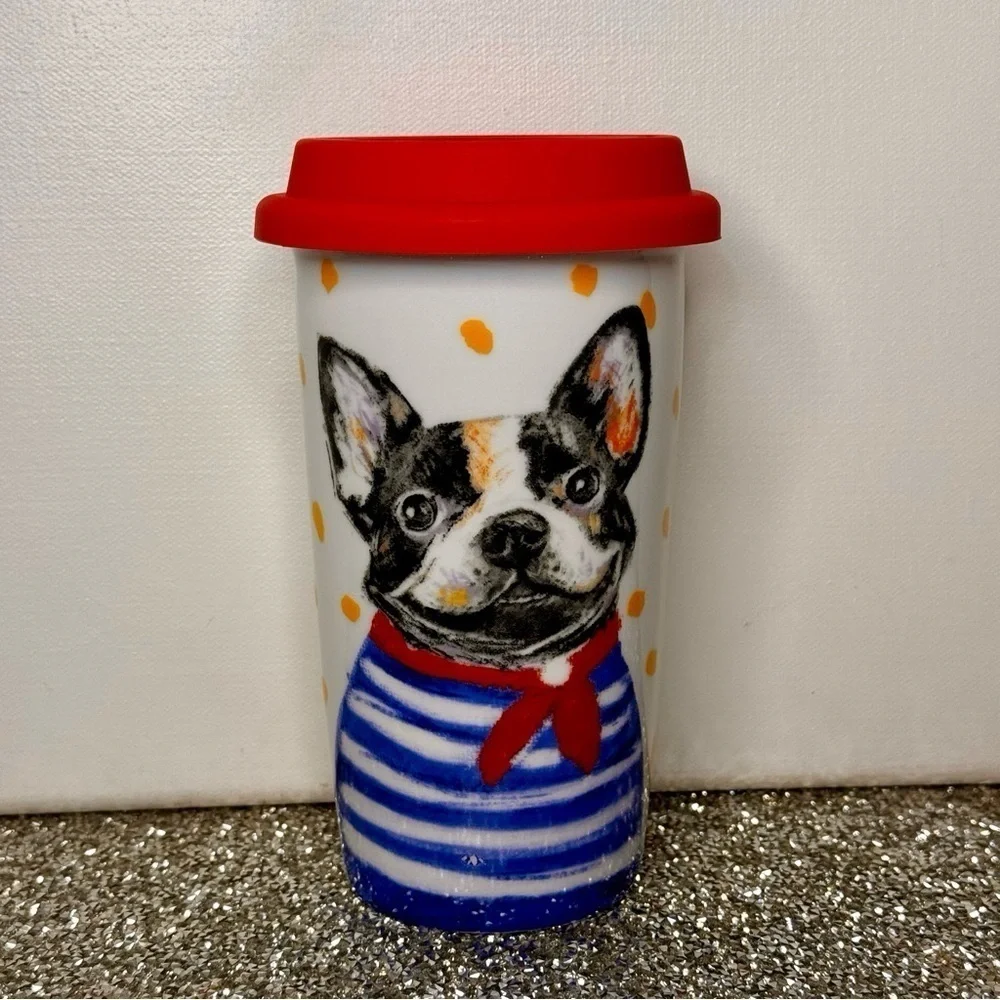 Pier 1 Retired Boston Terrier Ceramic Travel Mug with Red Silicone Lid